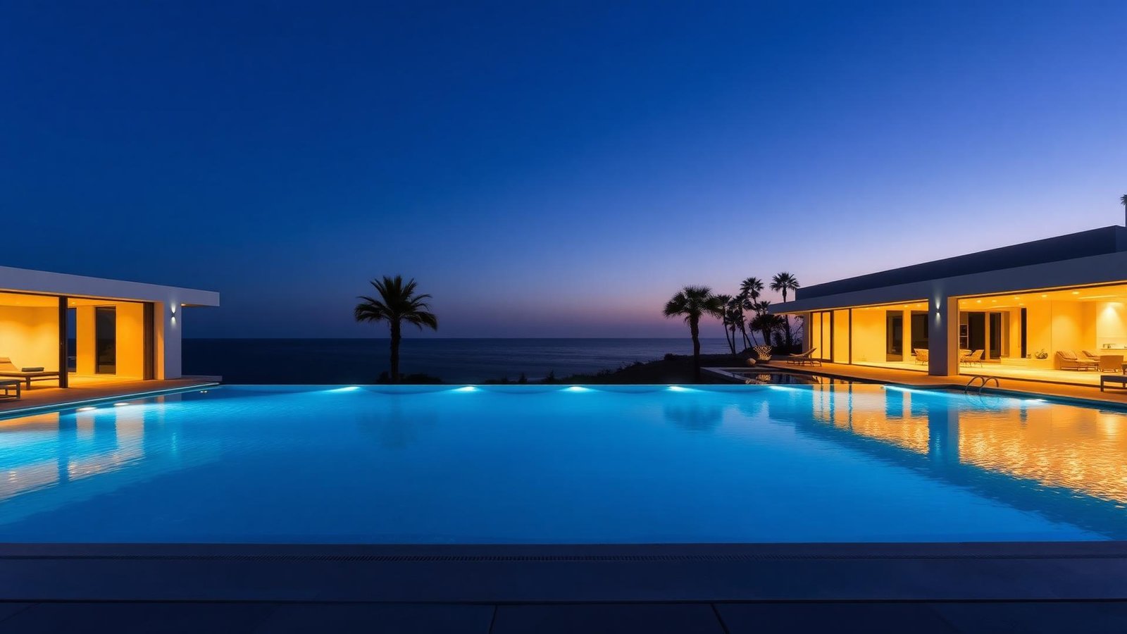 Villa with infinity pool at dusk